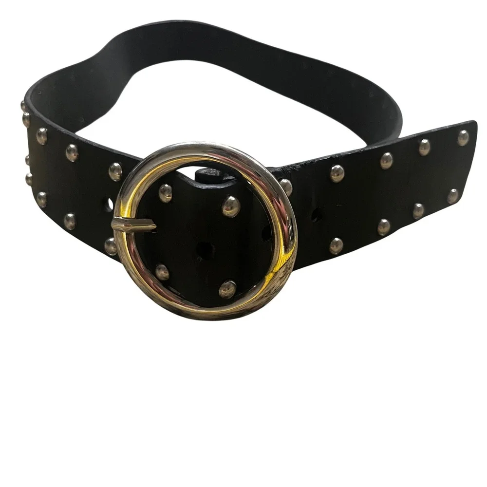 Womens Black Faux Leather Studded Belt Silver O-Ring Buckle Punk Rock Emo 39.5in